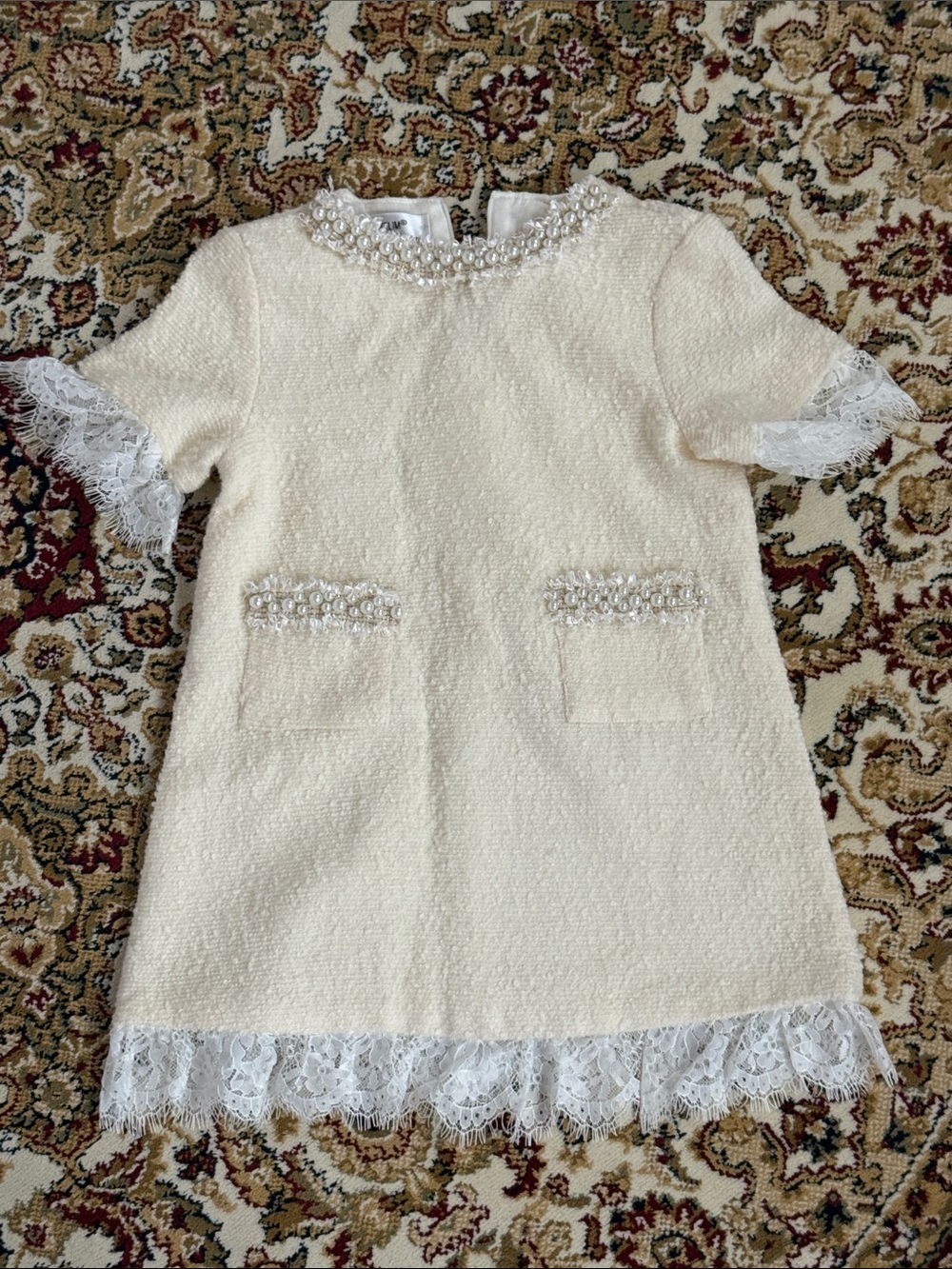Pearl-Trim Lace Hem Ivory Tweed Dress 4T